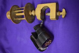 A 19th century treen table mounted thread winder and a 19th century inlaid treen table mounted pin