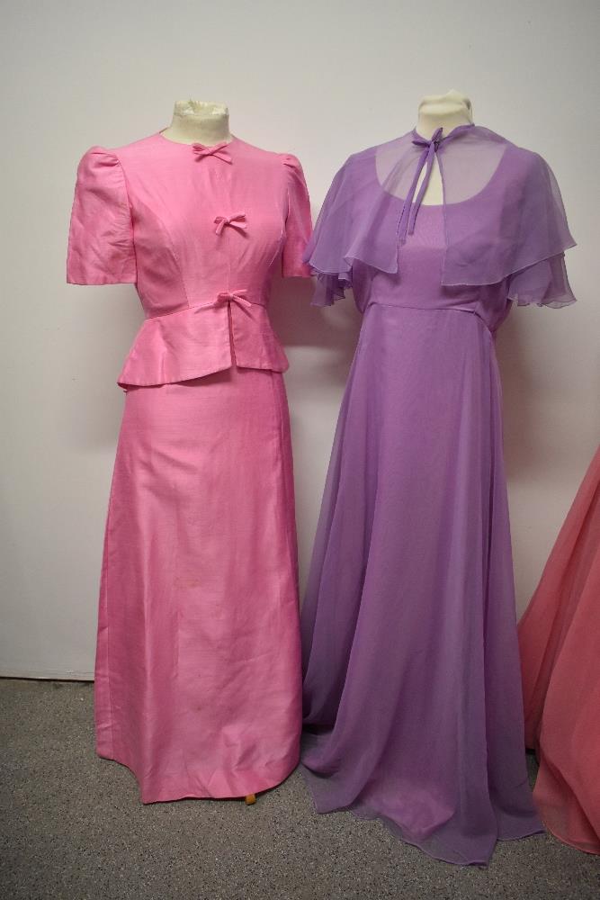 A 1950s pink evening gown with full skirt, a 1960s pink gown with bows to bodice and a 1970s John - Image 3 of 5