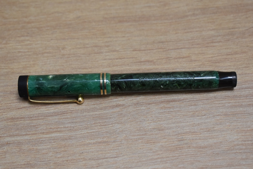 A Parker Duofold Special Lucky Curve button fill fountain pen in jade green with two narrow bands to - Image 3 of 3