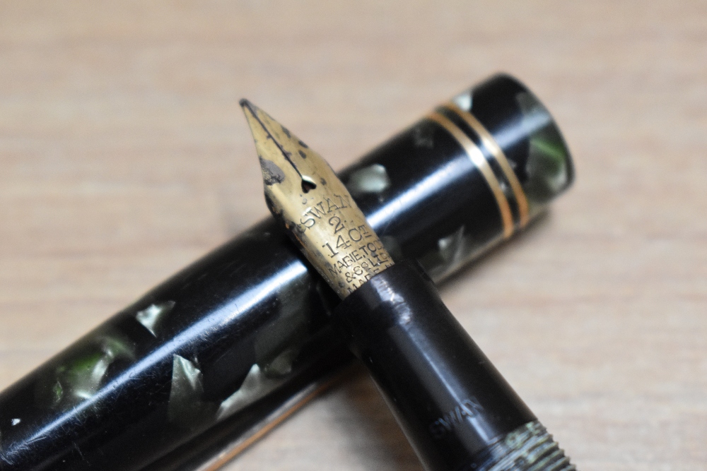 A Mabie Todd & Co Swan self filler lever fill fountain pen in green black marble with two narrow - Image 2 of 3