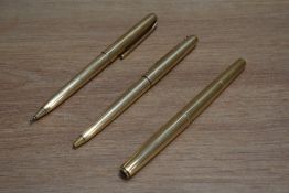 A Pelikan M60 Rolled gold plunger fill fountain pen, ballpoint pen and mechanical pencil set.