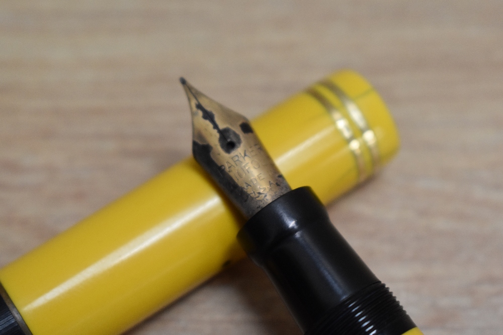 A Parker Duofold Senior Lucky Curve button fill fountain pen in mandarin yellow with two narrow - Image 2 of 3