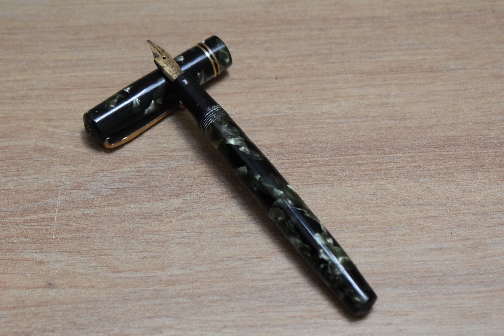 A Mabie Todd & Co Swan self filler lever fill fountain pen in green black marble with two narrow