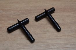 Two Mabie Todd & Co Long Short Stylo eye dropper fountain pens in black hard rubber. One with slight