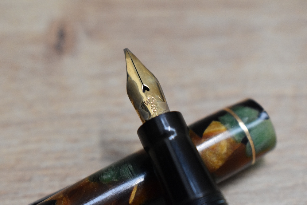 A Mabie Todd & Co 205/63 self-filler lever fill fountain pen russet and jade with narrow band to the - Image 2 of 3