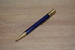 An early Parker Duofold propelling pencil in lapis lazuli blue with white flecks. Clip is rubbed