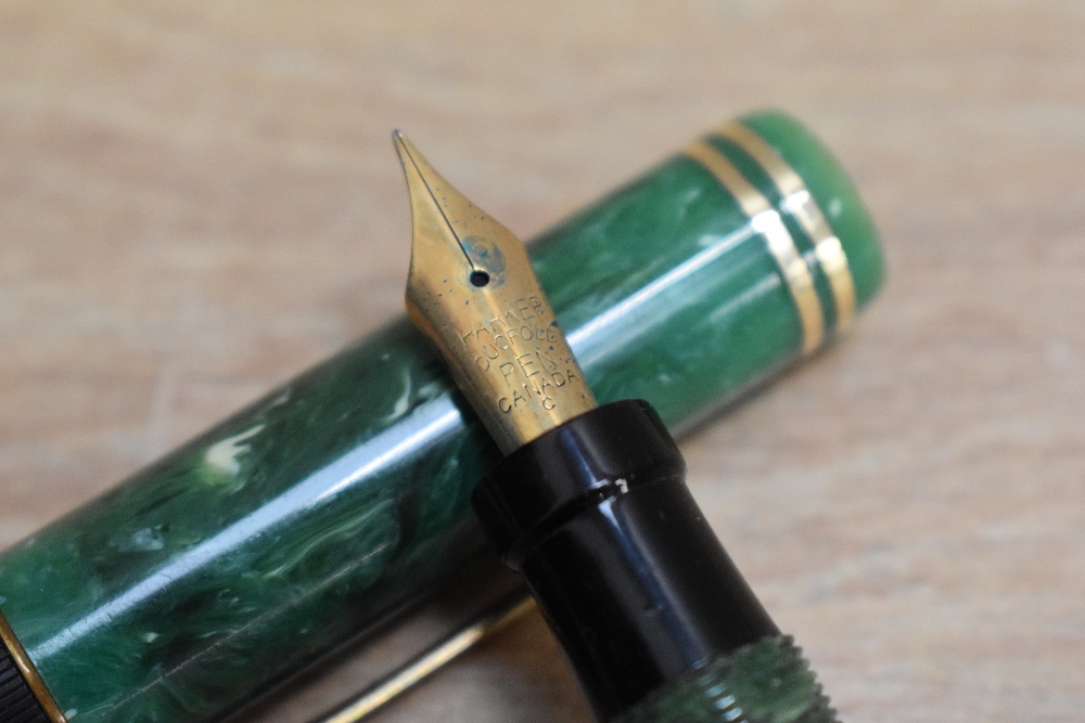 A Parker Duofold Special Lucky Curve button fill fountain pen in jade green with two narrow bands to - Image 2 of 3