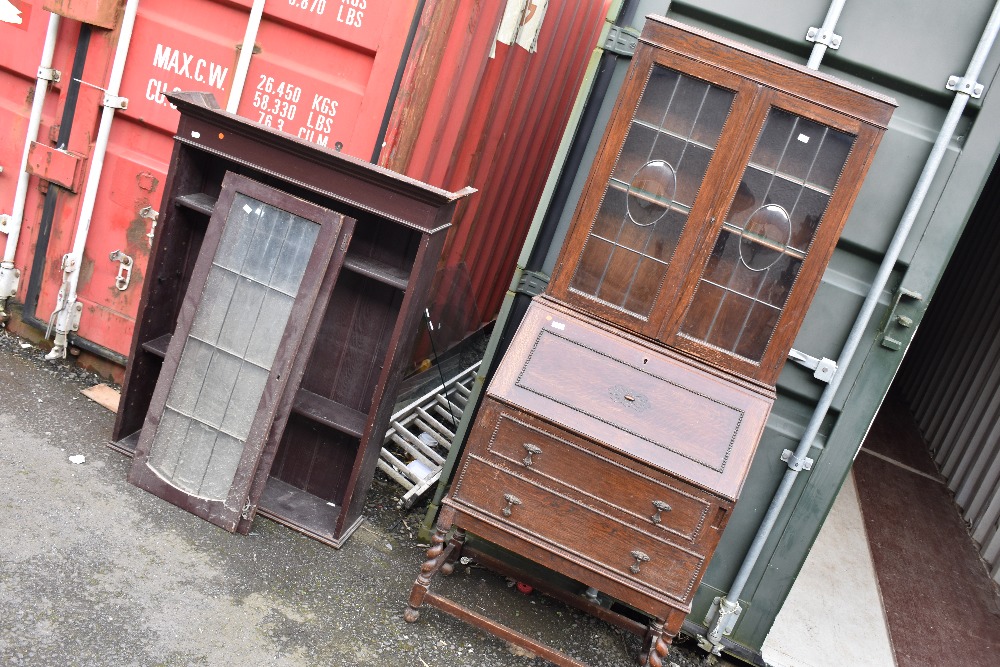 An early 20th Century oak bureau bookcase and a stand alone stained frame bookcase with leaded doors - Image 3 of 3