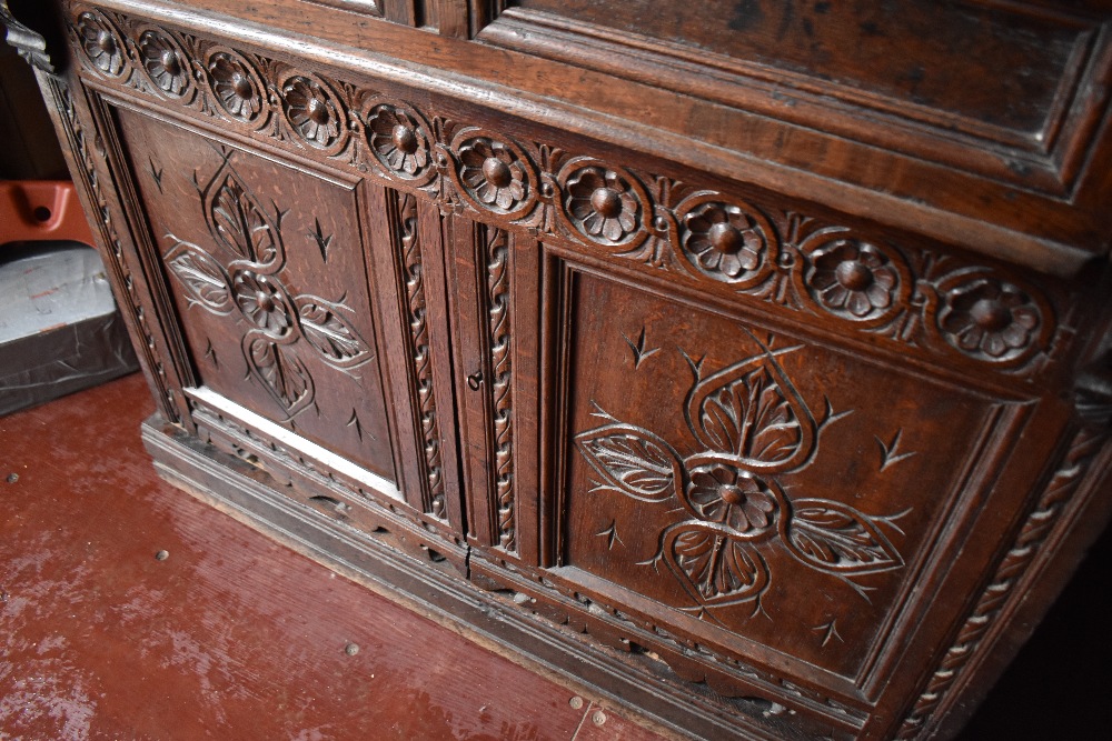 A period oak side cabinet having carved panel back , single drawer and double cupboards under, width - Image 3 of 4