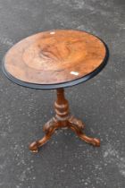 A Victorian tripod table having burr walnut and inlaid top, diameter approx. 54cm