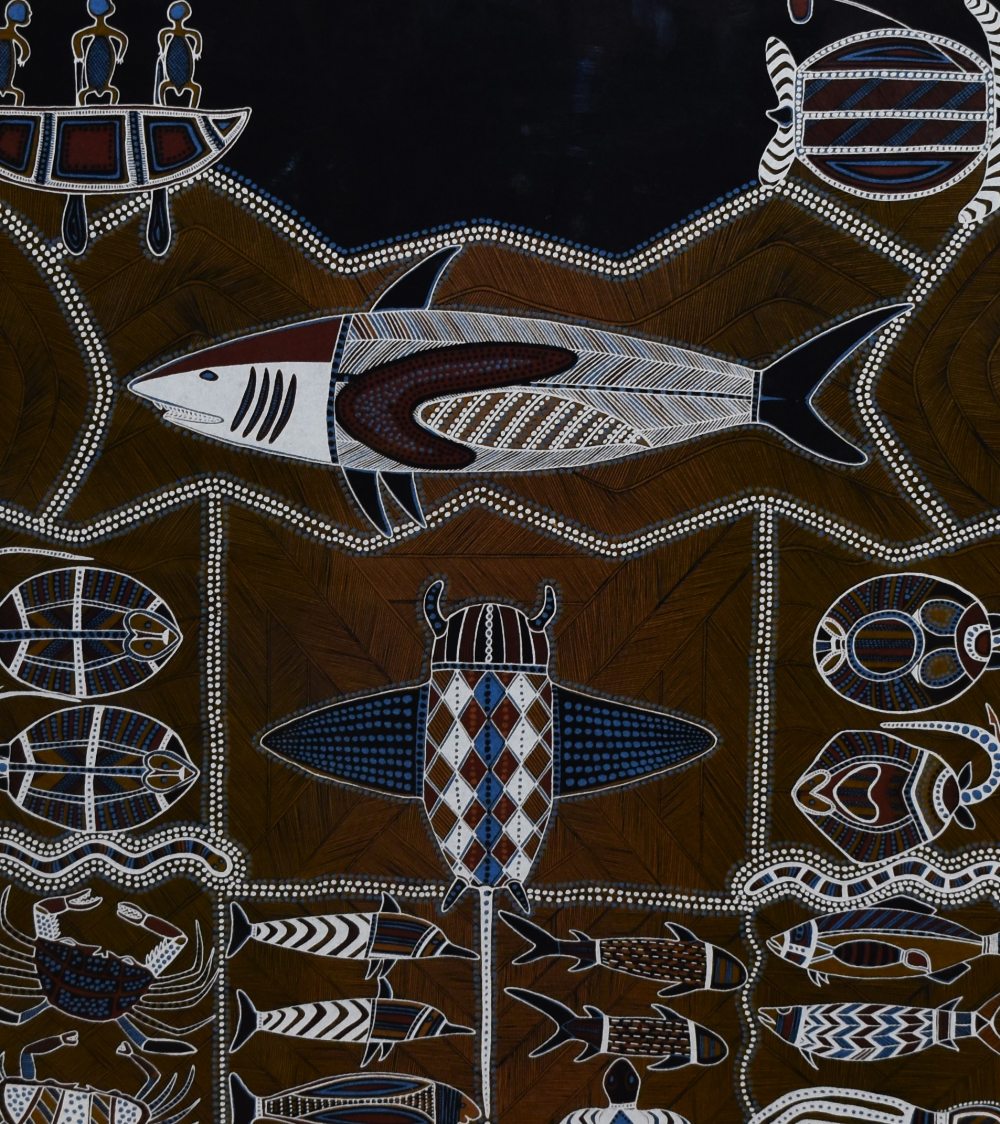 20th Century School, Churinga of Australia, print on fabric, 'Nawalah Dreaming', a striking