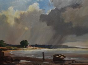 Don Micklethwaite (b.1936, British), oil on canvas, A shower passing over a bay with moored boat