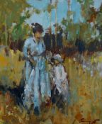 20th Century School, oil on board, Woman and child, A striking impressionist depiction, signed