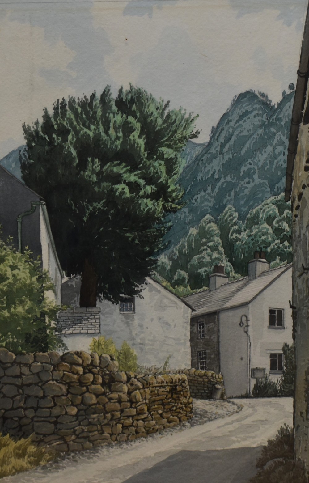 A 20th Century local village scene watercolour, possibly Borrowdale, Lake District, mounted framed