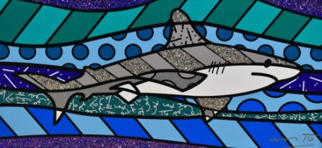 Romero Britto (b.1963, Brazilian), mixed media print, 'Baby Shark', having bold colours and