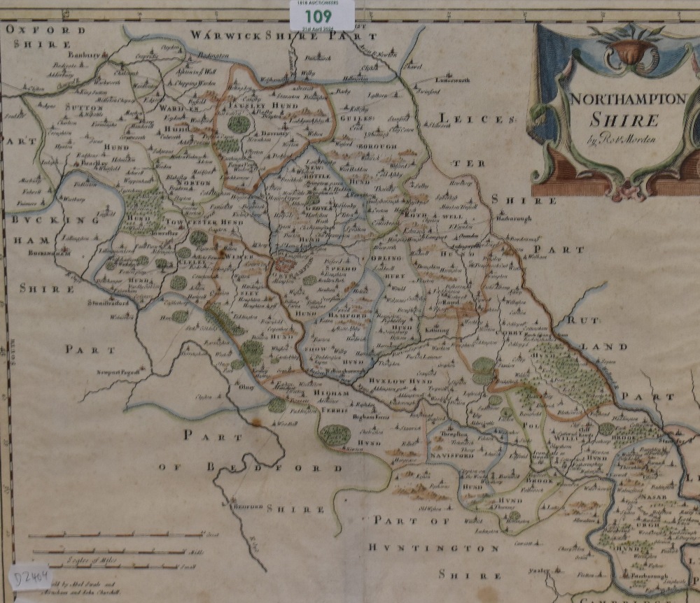 After Robert Morden (1650-1703, British cartographer), antiquarian map, 'Northamptonshire', framed