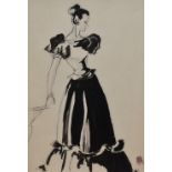 After Pierre Mourgue (1897-1963, French), pen and ink, A fashion study, framed and under glass,