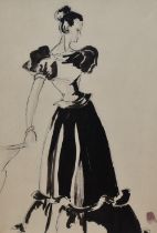 After Pierre Mourgue (1897-1963, French), pen and ink, A fashion study, framed and under glass,