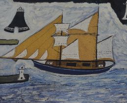 After Alfred Wallis (1855-1942, Cornish School), coloured print, Two naive style harbour