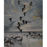 After Peter Scott (1909-1989, British), coloured print, Pink feet coming out to roost, framed,