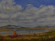 20th Century School, oil on board, A coastal landscape with children playing, displayed within a