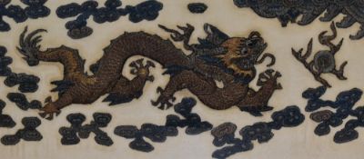 20th Century Chinese School, needlework embroidery, Chinese Dragon chasing pearl, framed and under