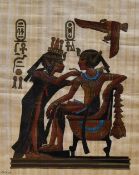 20th Century School, oil on papyrus paper, An Egyptian illustration of queen and pharaoh, framed,