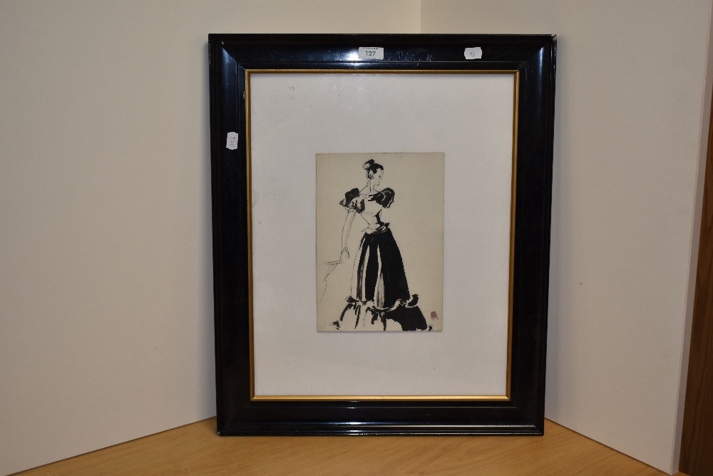 After Pierre Mourgue (1897-1963, French), pen and ink, A fashion study, framed and under glass, - Image 2 of 2