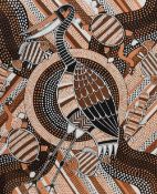 20th Century School, Churinga of Australia, two prints on fabric, 'Dreamtime Serpent' and 'Jabiru