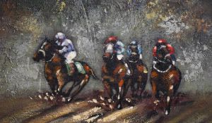 20th Century School, oil on canvas, Two eye catching horse racing paintings, each measuring 50cm x