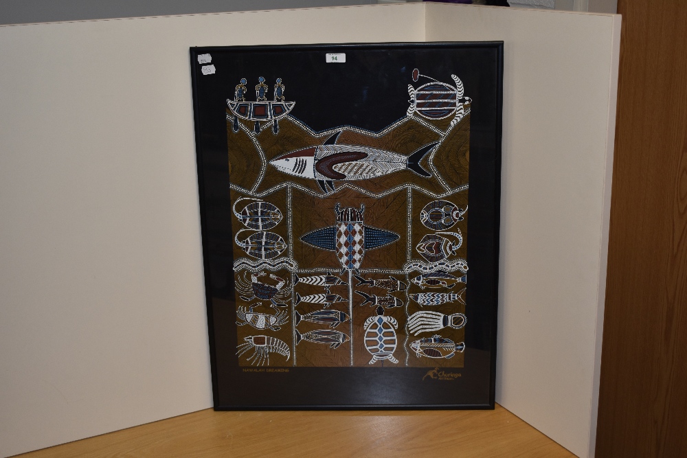 20th Century School, Churinga of Australia, print on fabric, 'Nawalah Dreaming', a striking - Image 2 of 2