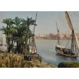 Trish Jackson (20th Century), oil painting, A Mediterranean street scene with palm trees, signed