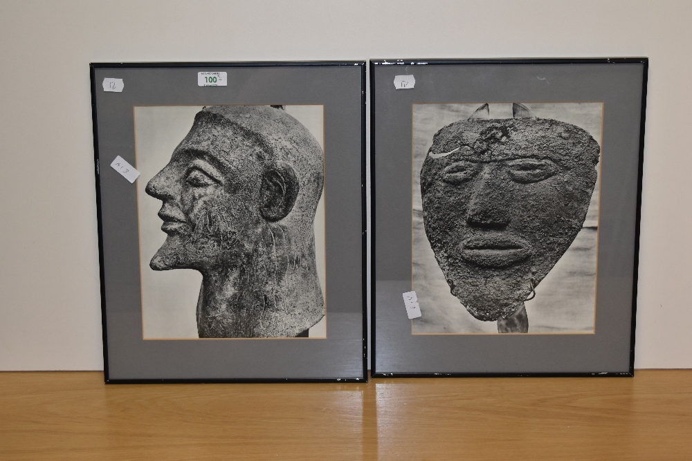 Two monochrome photographic prints of Egyptian or African masks, framed, mounted, and under glass, - Image 2 of 4