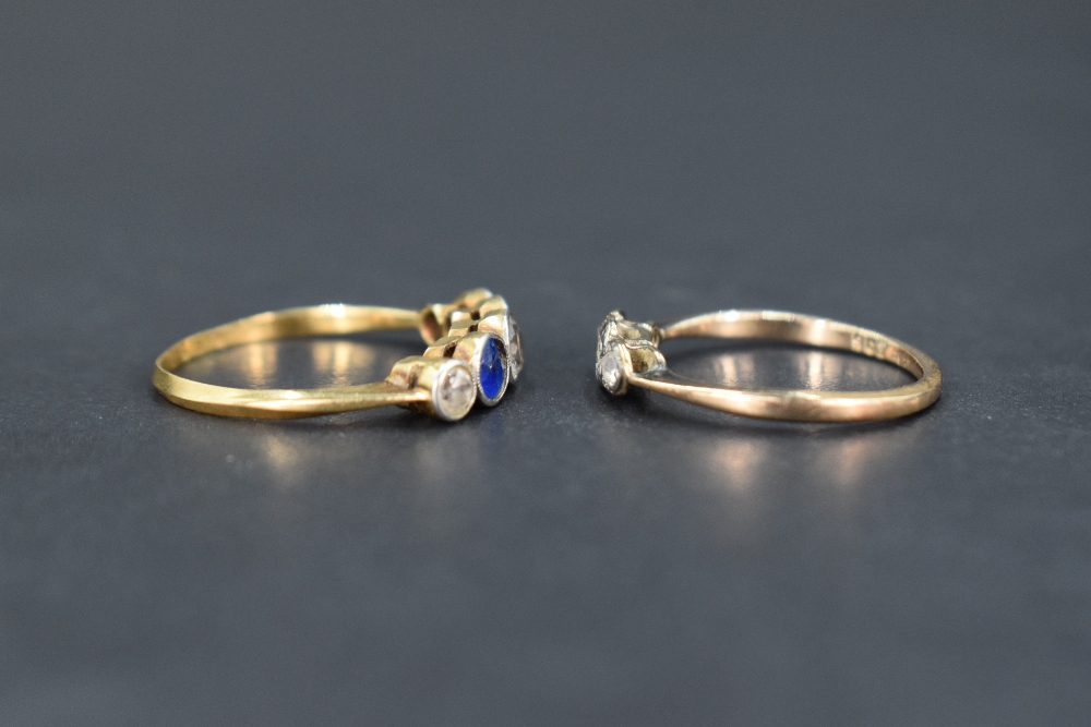 Two ladies yellow metal dress rings of worn condition, one having a trio of diamond chips, the other - Image 2 of 4