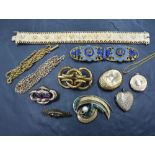 A selection of yellow metal jewellery, including three lockets of various design such as a heart