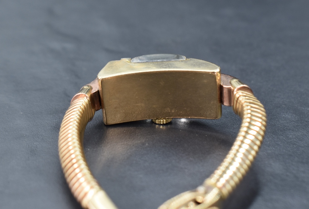 A 9ct gold cocktail watch by Aureole having baton numeral dial to rectangular face with convex glass - Image 2 of 3