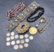 A small selection of vintage jewellery including silver three pennies, amethyst set buckle stamped