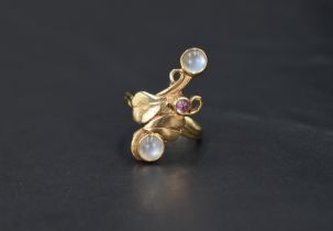 A 9ct gold Artisan style ring having moonstone and foliate decration, size M & approx 3.5g