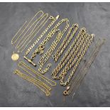 A small selection of broken yellow metal chains, most marked 375/585 and a small 9ct gold St