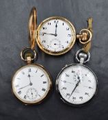 Two gold plated pocket watches comprising a full hunter having a white dial with Arabic numerals and