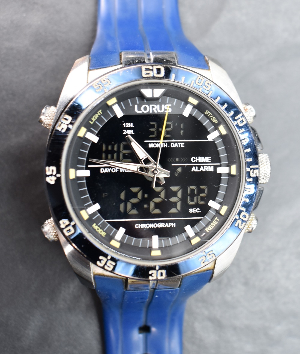 A gentlemen's Lorus chronograph digital display wristwatch, numbered Z021-X007 to reverse on a