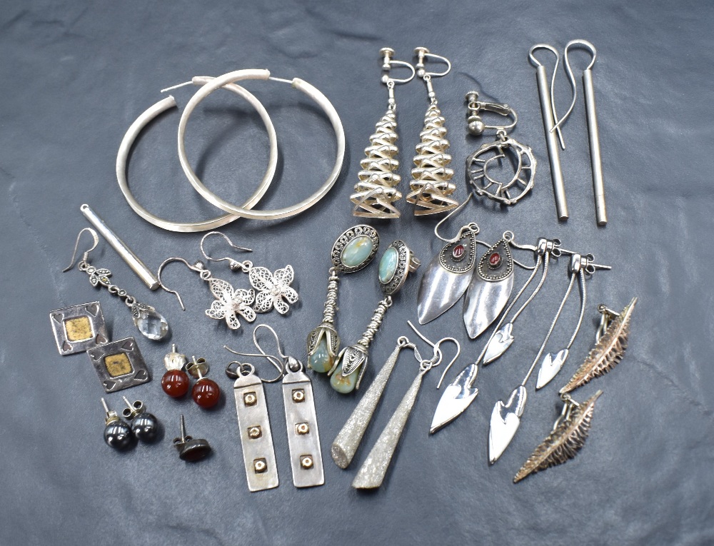 A selection of silver and white metal earrings, most for pierced ears and most stamped 925,