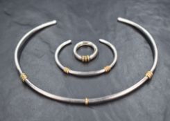 A suite of modernist silver jewellery bearing makers mark LDF comprising collarette, ring and