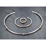 A suite of modernist silver jewellery bearing makers mark LDF comprising collarette, ring and