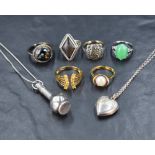 A collection of silver and white metal jewellery including stone set rings such as a silver cultured