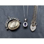 A collection of silver jewellery comprising a bezel set amethyst pendant on a silver curb link