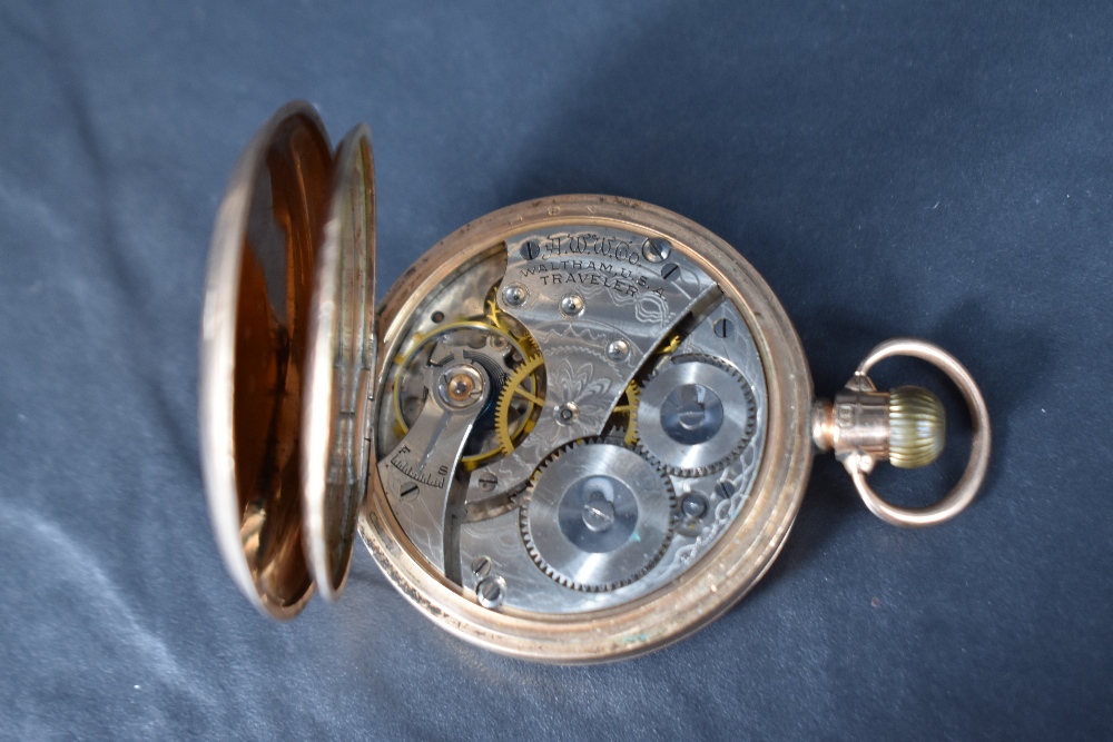 A Waltham U.S.A 9ct gold half hunter top wound pocket watch, the white dial with Arabic numerals and - Image 4 of 4