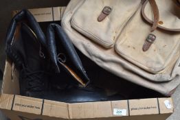 A box containing black boots size 9 some gaiters and a large canvas fishing / game bag by Brady