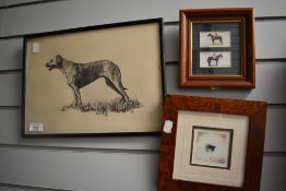 A framed pencil drawing of a hunting dog signed LAB and two other framed items on a sporting theme