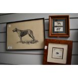 A framed pencil drawing of a hunting dog signed LAB and two other framed items on a sporting theme